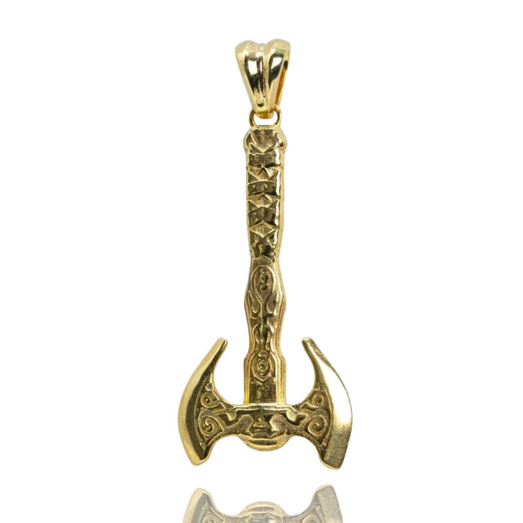 The Viking Battle Axe Pendant – 14K Gold Men Pendant features a double-headed axe design with detailed engravings, a polished finish, and a top loop for your chain—an eye-catching piece of Viking jewelry.