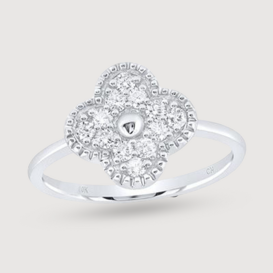 Women's Diamond Four Leaf Clover ring in 10k white gold. Ethically sourced 1/3ctw round natural diamonds. | GOLDZENN 