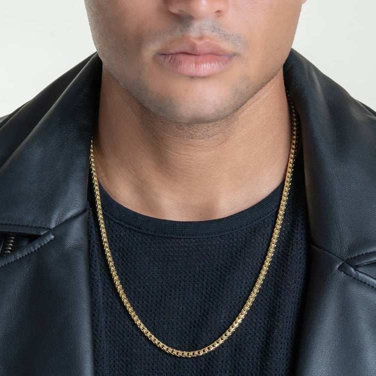 Wearing a black textured shirt, black leather jacket, and a Franco Chain- 1.8mm-6.5mm Solid Yellow Gold necklace, the image is cropped to reveal only the lower face, neck, and upper chest.