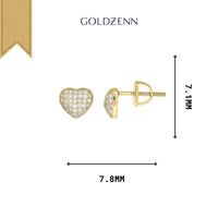 Yellow-Tone Moissanite Heart Stud Earrings with small diamonds, shown from front and side views. These earrings measure 7.8 mm wide and 7.1 mm tall for an elegant, delicate look.