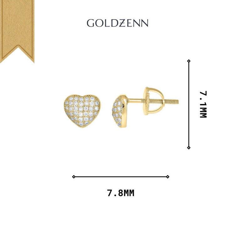 Yellow-Tone Moissanite Heart Stud Earrings with small diamonds, shown from front and side views. These earrings measure 7.8 mm wide and 7.1 mm tall for an elegant, delicate look.