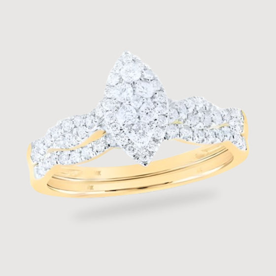 1/2CTW Round Diamond Marquise-Shape Cluster Bridal Wedding Engagement Ring Set- 10K Yellow Gold