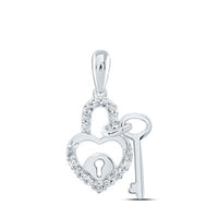 The 10k Gold Diamond Heart Lock Key Pendant 1/10 CTTW features a heart-shaped padlock and key, adorned with sparkling diamonds along the edge—a timeless symbol of love and charm.