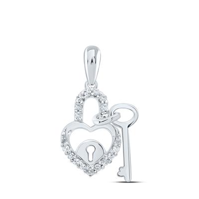 The 10k Gold Diamond Heart Lock Key Pendant 1/10 CTTW features a heart-shaped padlock and key, adorned with sparkling diamonds along the edge—a timeless symbol of love and charm.