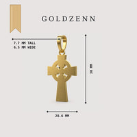 14k Gold Celtic Cross Pendant size diagram: 30 MM tall, 28.6 MM wide, bail 7.7 MM tall and 6.5 MM wide, by GOLDZENN.