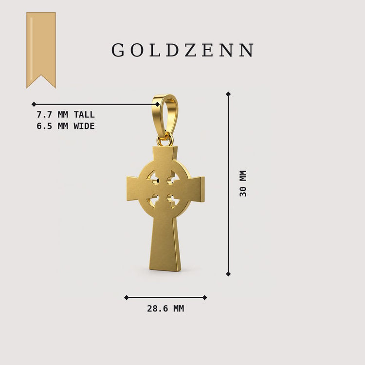 14k Gold Celtic Cross Pendant size diagram: 30 MM tall, 28.6 MM wide, bail 7.7 MM tall and 6.5 MM wide, by GOLDZENN.