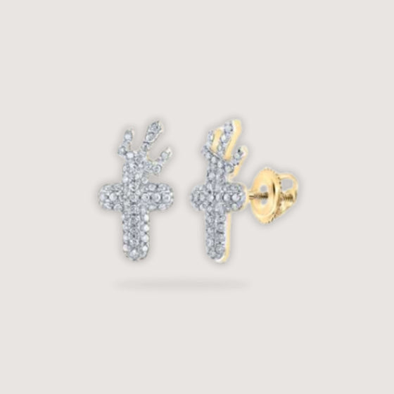 1/4CTW Round Diamond Crown Cross Men's Stud Earrings - 10K Yellow GoldDiscover these exquisite 10K yellow gold earrings featuring a crown-inspired cross design with 1/4 carat round diamonds. Perfect statement of faith and style.