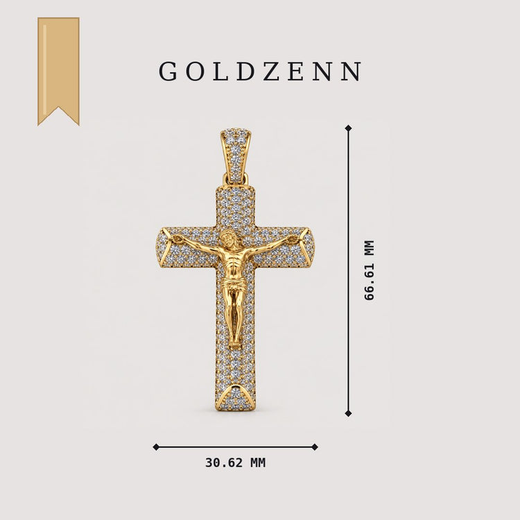14K Gold Diamond Crucifix Pendant size diagram: 66.61 MM tall and 30.62 MM wide, by GOLDZENN.