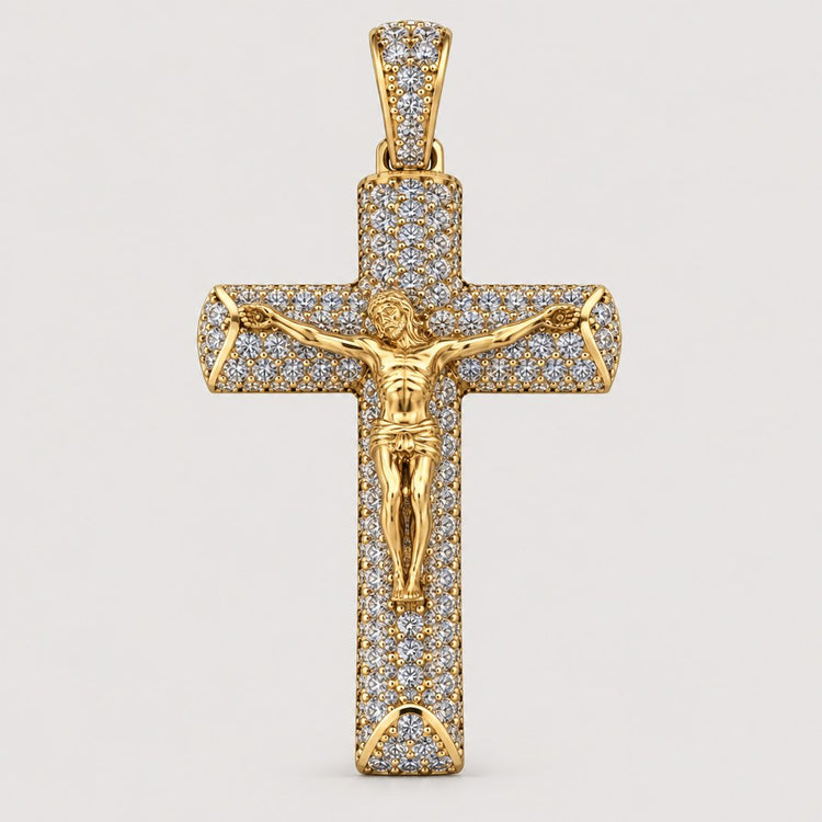 14K Gold Diamond Crucifix Pendant photographed straight-on, showcasing the full pavé-set cross and gold corpus — front view, warm off-white studio background.