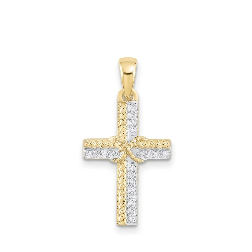 The 1/12CTW Natural Diamond Cross Pendant in 10K gold features a textured border, a central row of natural diamonds, and a gold rope detail wrapped around the center.