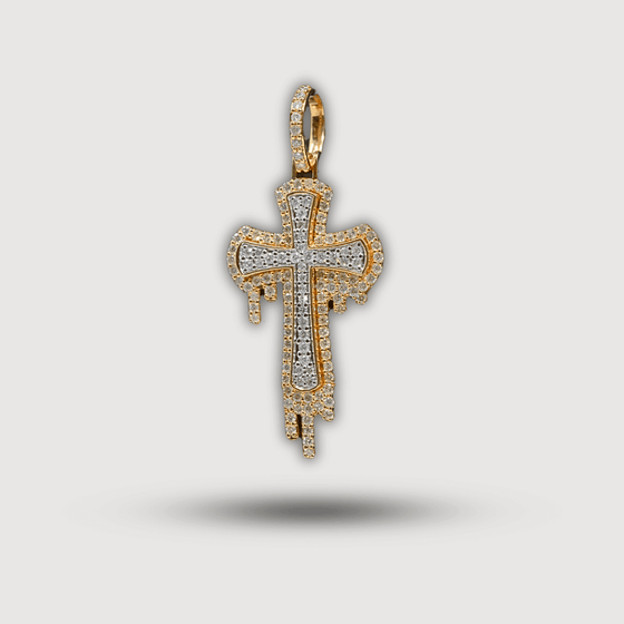 1.26 Ct Dripping Cross Diamond Pendant - 14k Yellow GoldMake a bold statement with our 1.26 Ct Dripping Cross Diamond Pendant in 14K Yellow Gold, featuring hand-set diamonds for unmatched brilliance and elegance.