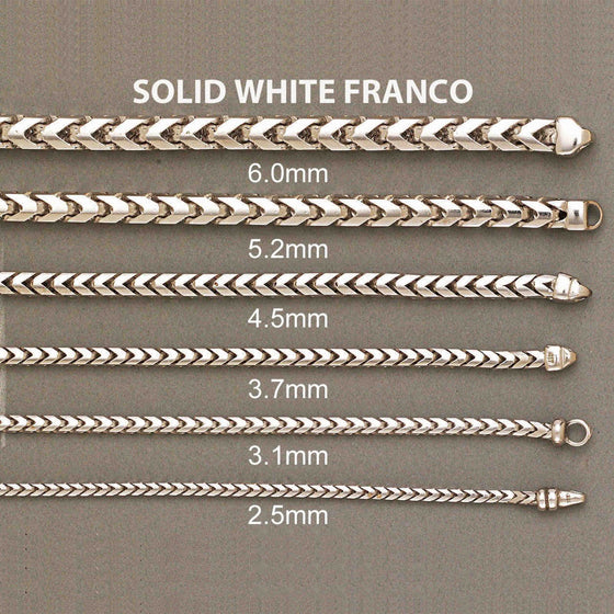 1.8mm- 3.9mm - Diamond Cut Franco Bracelet Solid White Gold1.8mm-3.9mm diamond-cut Franco bracelet in 14K solid white gold. Sleek, durable, and polished for timeless elegance and modern sophistication.