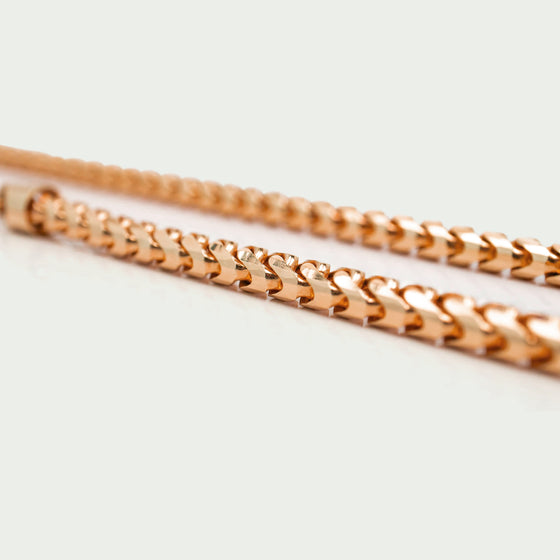 1.8mm-5mm Diamond Cut Franco Chain – Solid Rose14k solid rose gold diamond-cut Franco chain, 1.8mm-5mm widths. Sleek, durable, and expertly crafted for timeless elegance and everyday luxury.