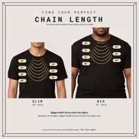 Chain length guide: where 18 to 30 inch chains sit on a slim (5'8", 155 lb) and a big (6'1", 241 lb) build, shown to scale. On a bigger build every chain sits higher.