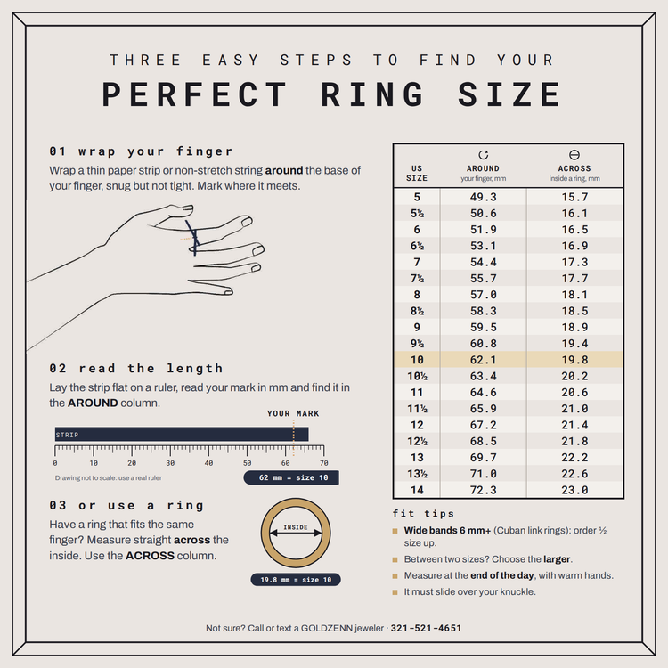 Ring size guide: wrap a strip around your finger and read the length in mm (AROUND column), or measure straight across the inside of a ring you own (ACROSS column). US sizes 5 to 14.