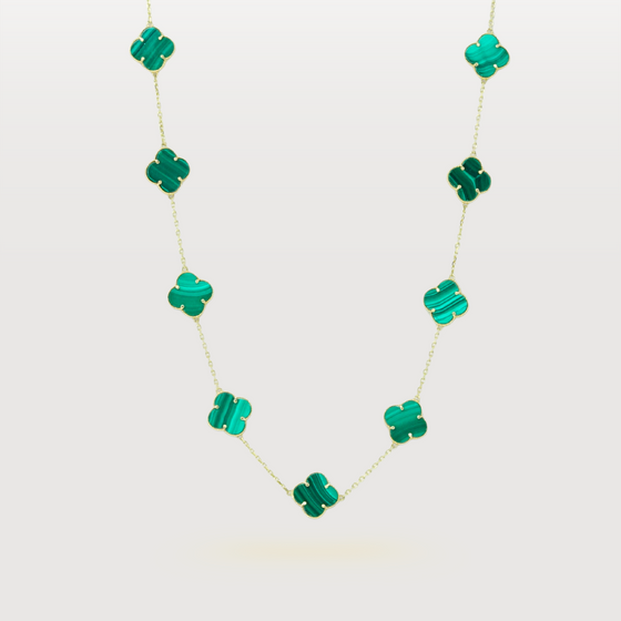 Malachite Four Leaf Clover Necklace - 14k Yellow Gold