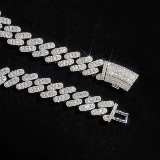 Image of Iced-Out Cuban Link Chain sleek lock with certified moissanite stones in 925 sterling silver and rhodium plated | GOLDZENN 