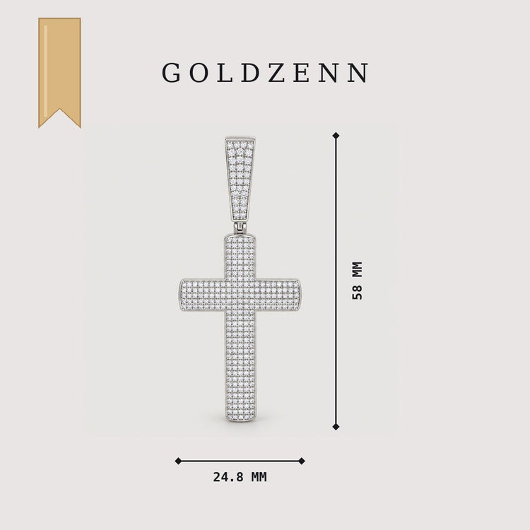 Moissanite Cross Religious Charm Pendant size diagram: 58 MM tall and 24.8 MM wide, by GOLDZENN.