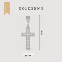 Moissanite Cross Religious Charm Pendant size diagram: 58 MM tall and 24.8 MM wide, by GOLDZENN.