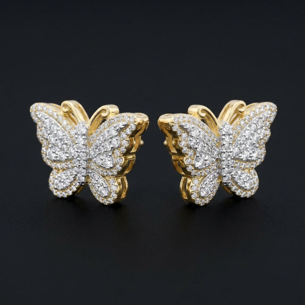 10k Gold Butterfly Diamond Earrings 1 1/2CTW three-quarter view - GOLDZENN