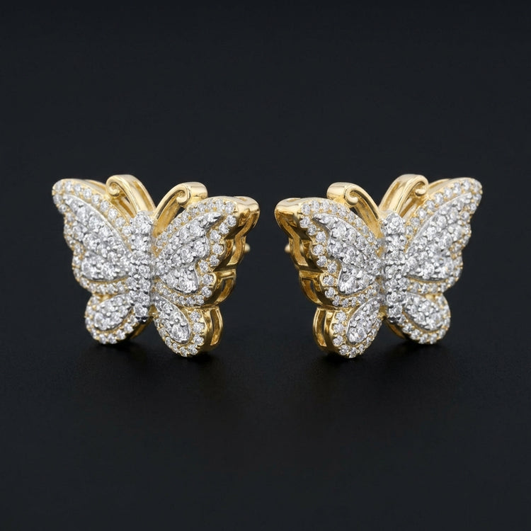 10k Gold Butterfly Diamond Earrings 1 1/2CTW three-quarter view - GOLDZENN