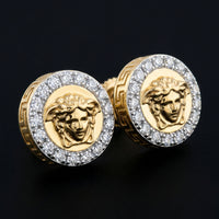 10k Gold Round Diamond Medusa Circle Earrings 3/8 Cttw three-quarter view - GOLDZENN