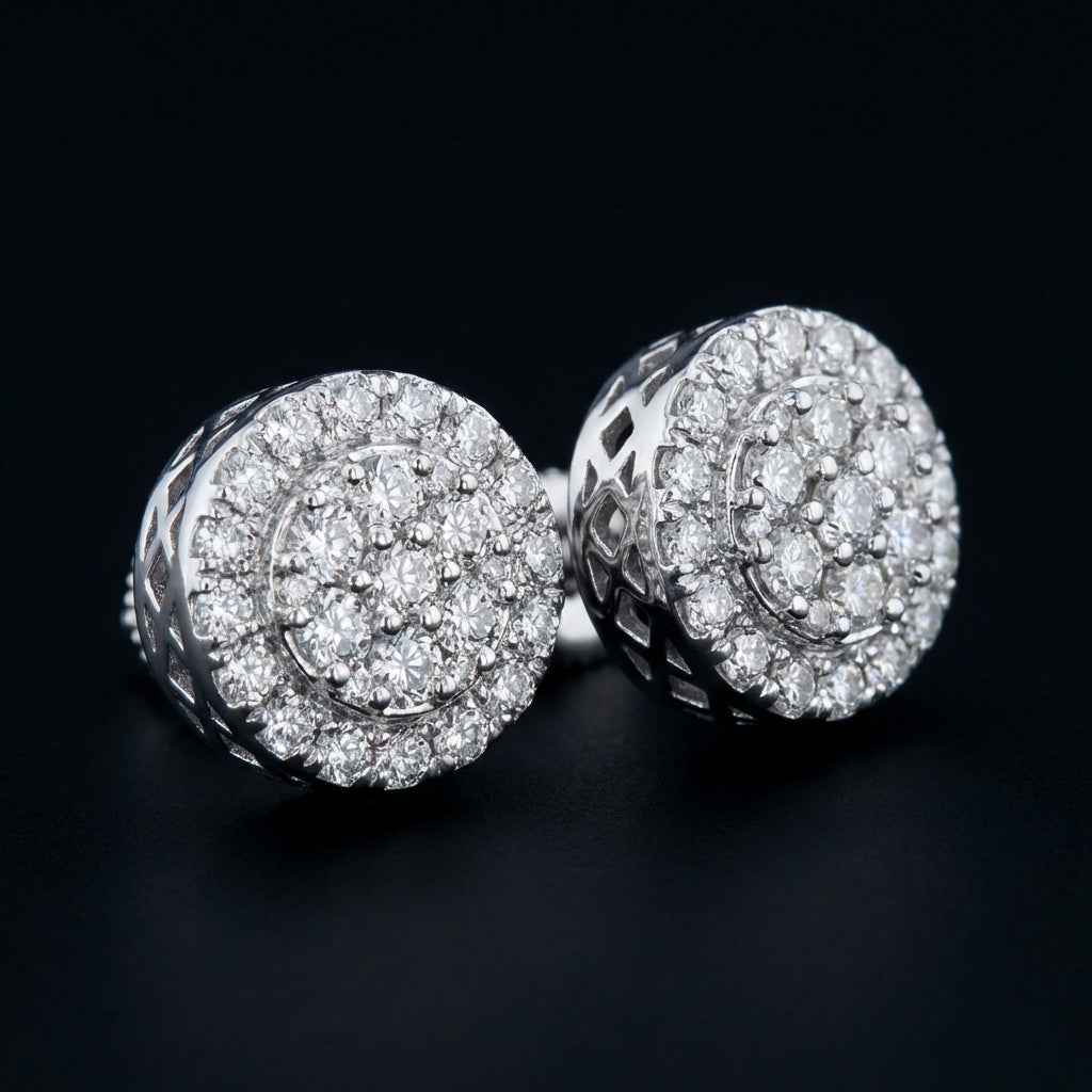 10k Gold Diamond Cluster Earrings 7/8 Cttw three-quarter view - GOLDZENN
