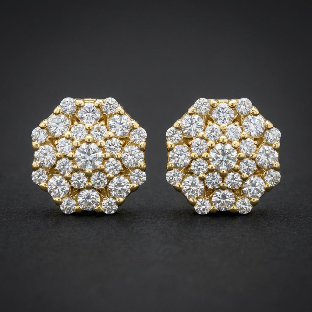 Yellow-Tone Moissanite Round Stud Earrings | 925 Silver three-quarter view - GOLDZENN