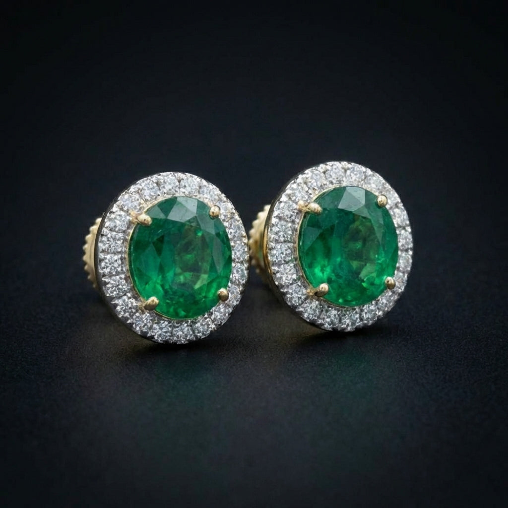 14K Yellow Gold Diamond & Emerald Gem Earrings three-quarter view - GOLDZENN