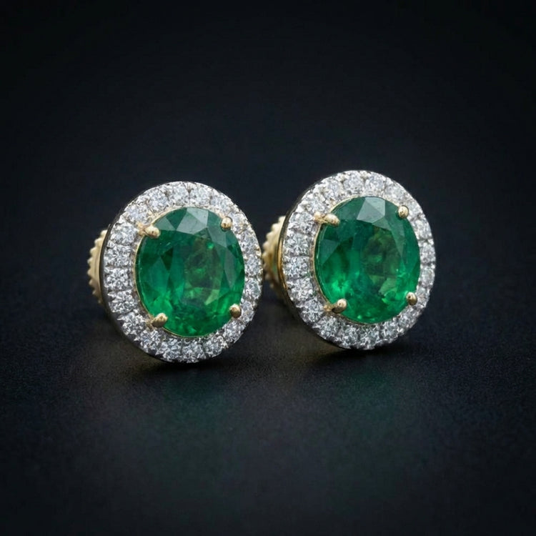 14K Yellow Gold Diamond & Emerald Gem Earrings three-quarter view - GOLDZENN