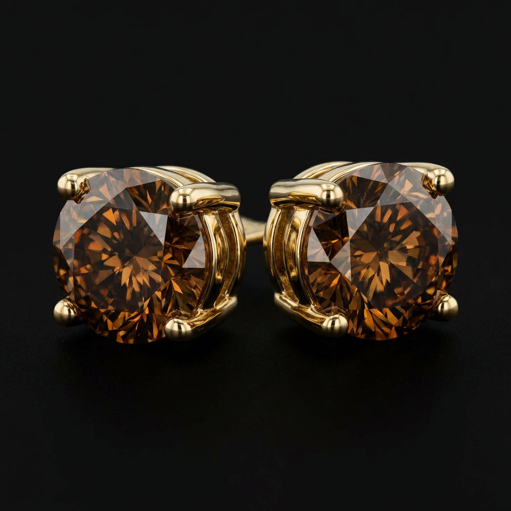 1/4CTW Round Brown Diamond Solitaire Stud Earrings - 10K Yellow Gold three-quarter view - GOLDZENN