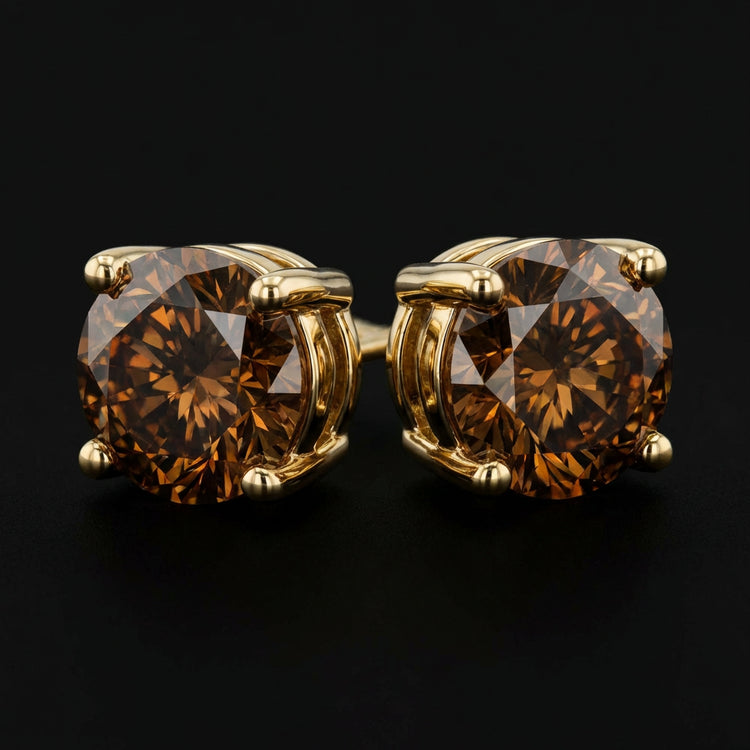 1/4CTW Round Brown Diamond Solitaire Stud Earrings - 10K Yellow Gold three-quarter view - GOLDZENN