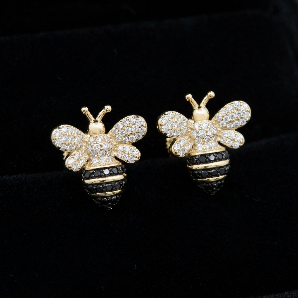 Black Diamond Honey Bee Earrings in 10K Yellow Gold three-quarter view - GOLDZENN