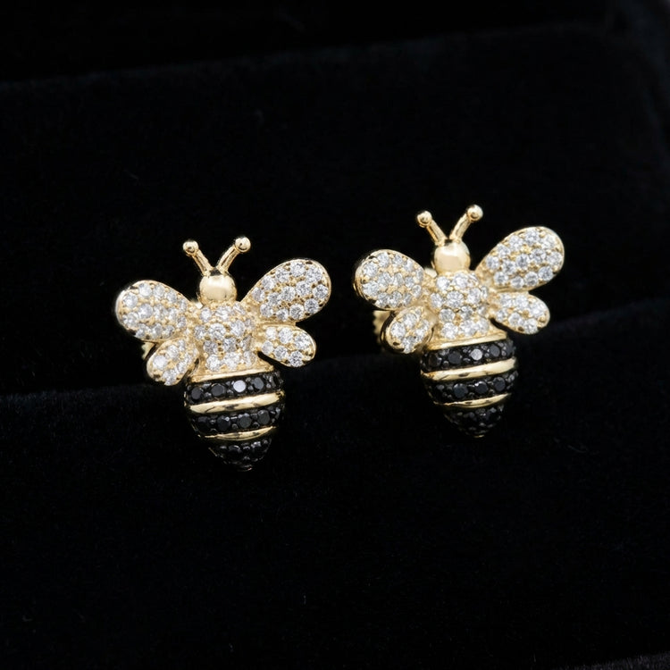 Black Diamond Honey Bee Earrings in 10K Yellow Gold three-quarter view - GOLDZENN