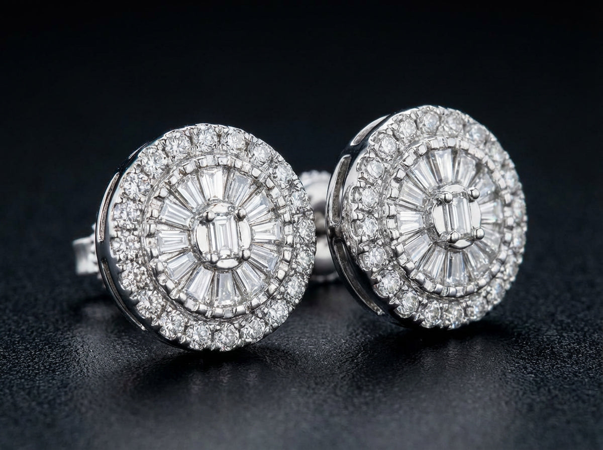 10k Gold Round Baguette Diamond Earrings 1/5 CTW three-quarter view - GOLDZENN