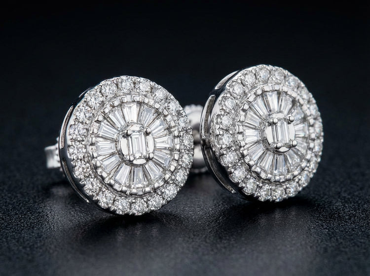 10k Gold Round Baguette Diamond Earrings 1/5 CTW three-quarter view - GOLDZENN