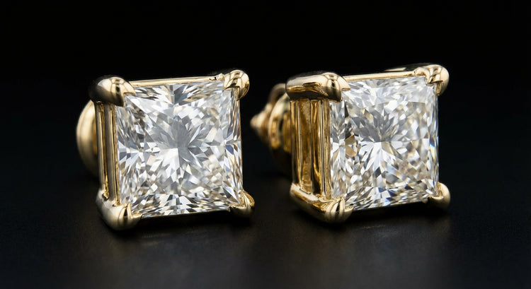 14k Yellow Gold Princess Diamond Solitaire Earrings 1CTTW three-quarter view - GOLDZENN