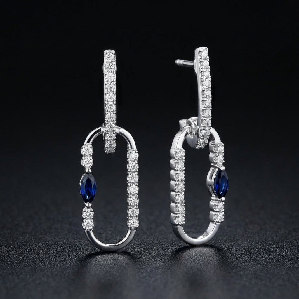 14K White Gold Diamond Paper Clip Dangle Earrings three-quarter view - GOLDZENN