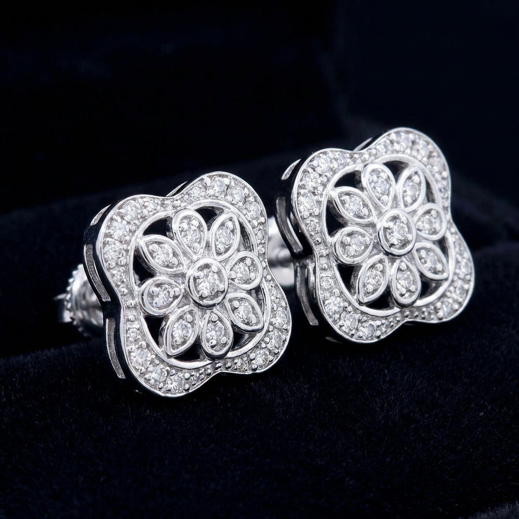 Sterling Silver Diamond Flower Earrings 1/8 Cttw three-quarter view - GOLDZENN
