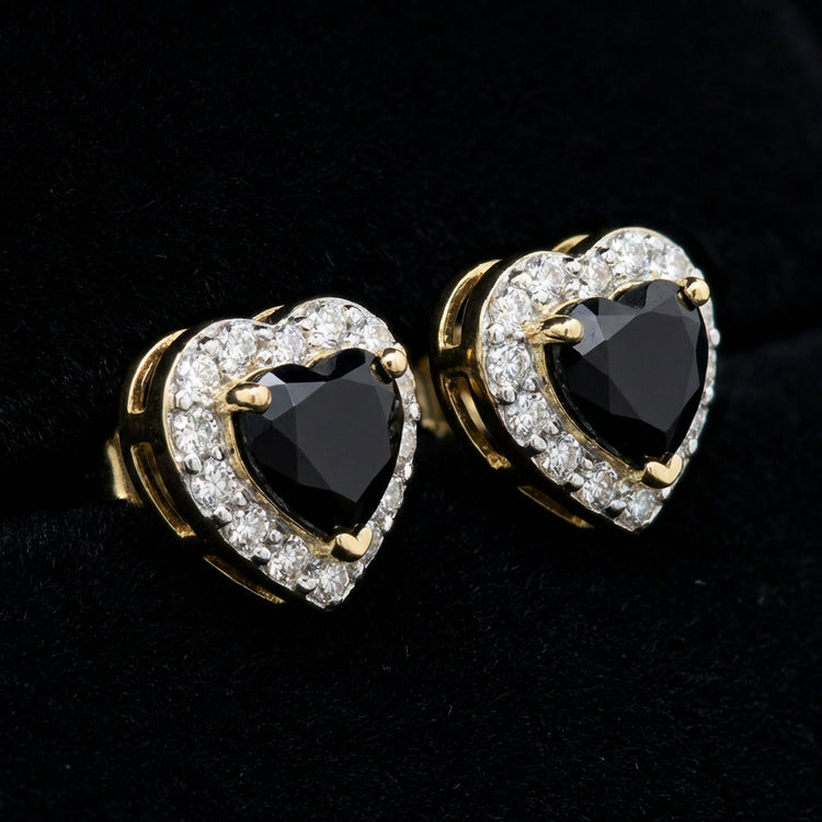 1/5CTW Diamond & Heart Black Onyx Earrings 10K Gold three-quarter view - GOLDZENN