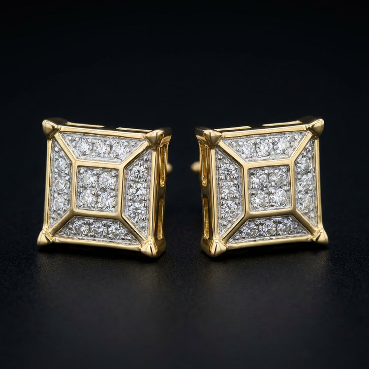 10k Yellow Gold Diamond Square Geometric Cluster Earrings three-quarter view - GOLDZENN
