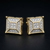 10k Yellow Gold Diamond Square Geometric Cluster Earrings three-quarter view - GOLDZENN