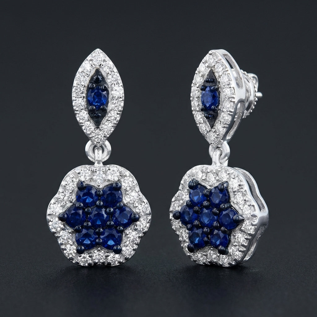 1/3CTW Diamond Flower Dangling Earrings 10k White Gold three-quarter view - GOLDZENN