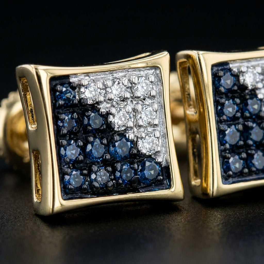 10k Yellow Gold Blue Diamond Square Earrings 1/10 Cttw three-quarter view - GOLDZENN