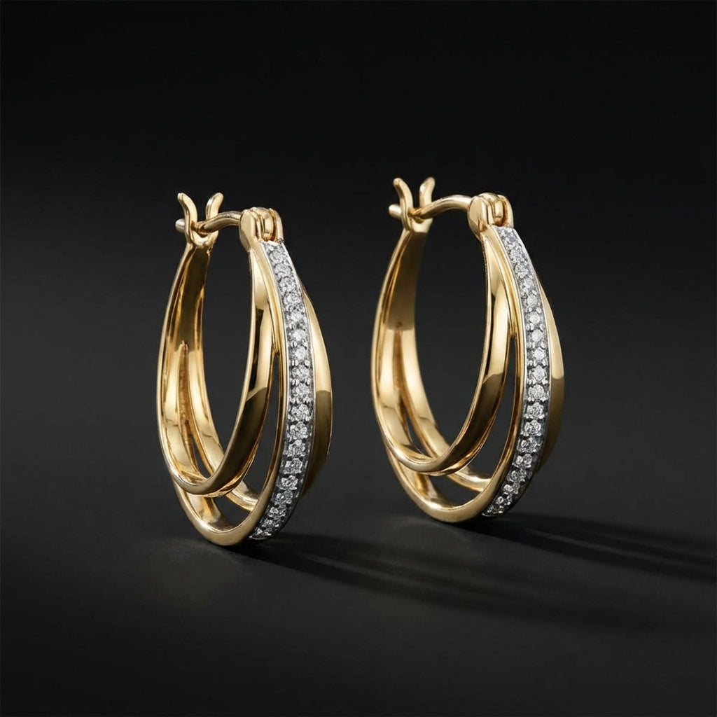 10k Yellow Gold Round Diamond Hoop Earrings 1/10 Cttw three-quarter view - GOLDZENN