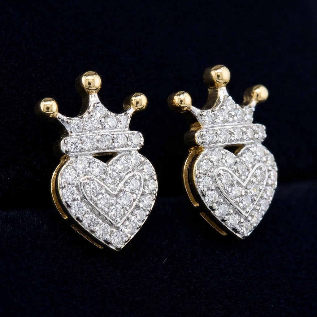 10k Gold Diamond Crown Heart Earrings 1/6 Cttw three-quarter view - GOLDZENN