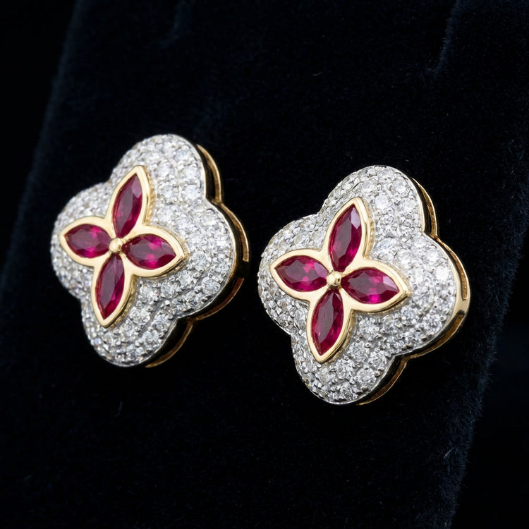 10k Gold Clover Ruby Diamond Earrings 5/8 Cttw three-quarter view - GOLDZENN