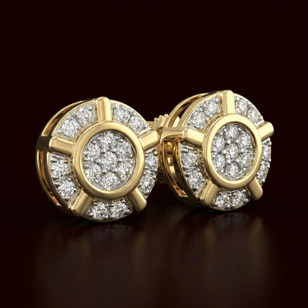 10k Yellow Gold Round Diamond Cluster Earrings three-quarter view - GOLDZENN