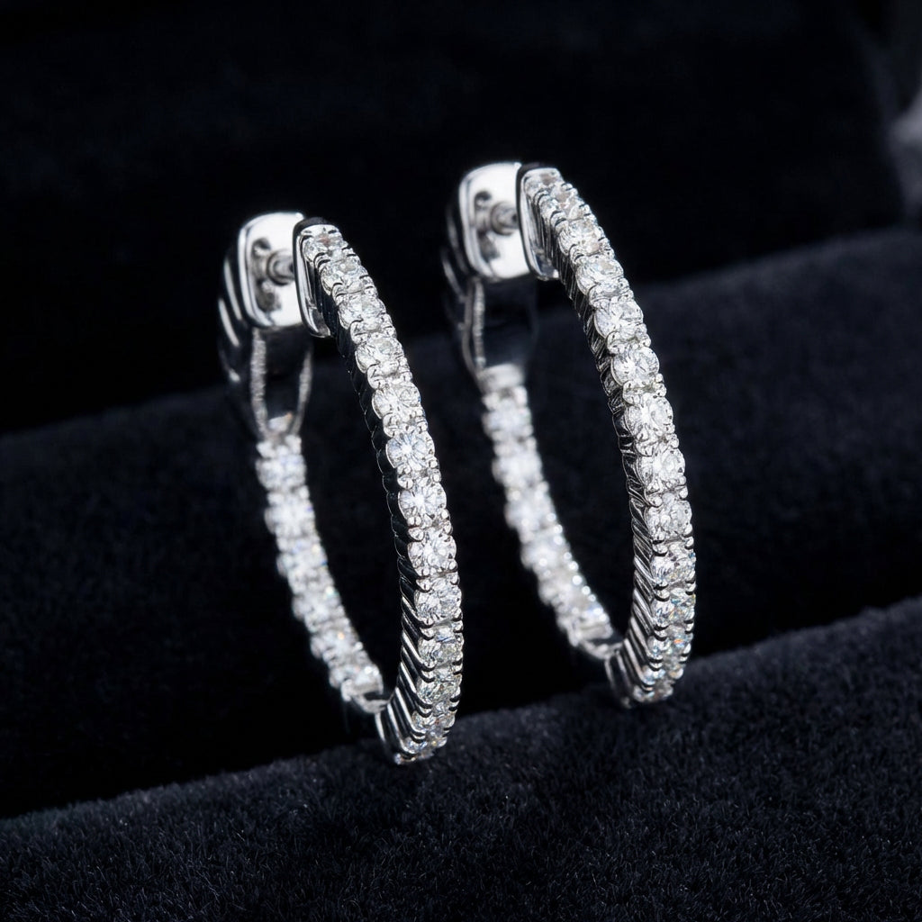 10k White Gold Round Diamond Hoop Earrings 1/2 Cttw three-quarter view - GOLDZENN