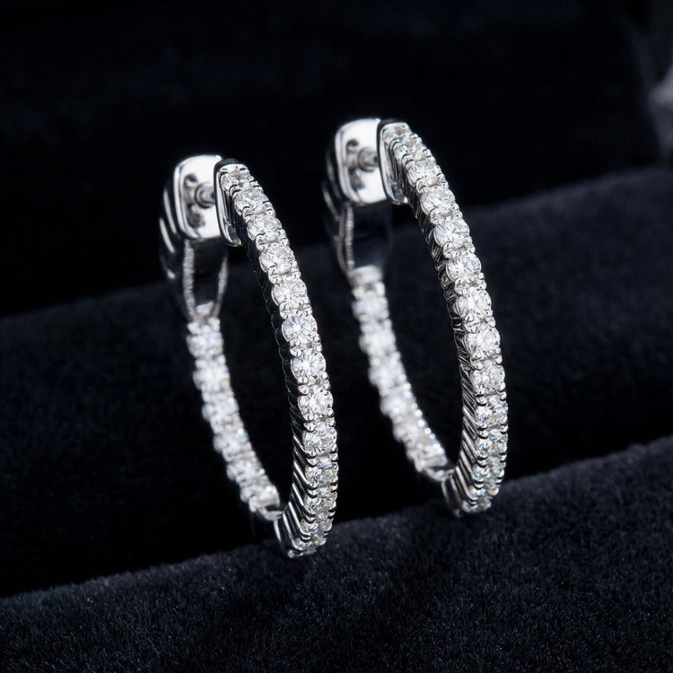 10k White Gold Round Diamond Hoop Earrings 1/2 Cttw three-quarter view - GOLDZENN